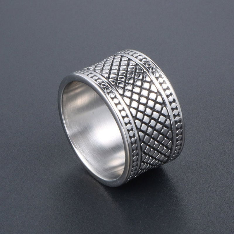 Wee Luxury Men Rings Vintage Checkered Grain Wide Plaid Patterned Mens Titanium Ring