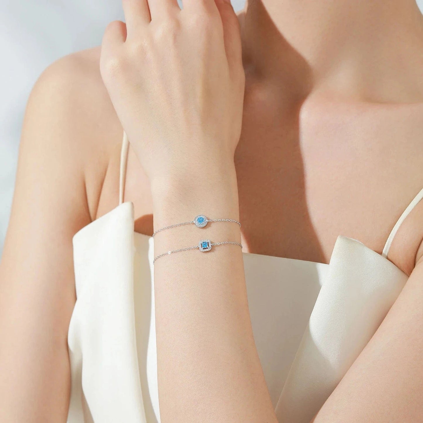 Wee Luxury Silver Bracelets Sea Blue Zircon Square Bracelet in Sterling Silver