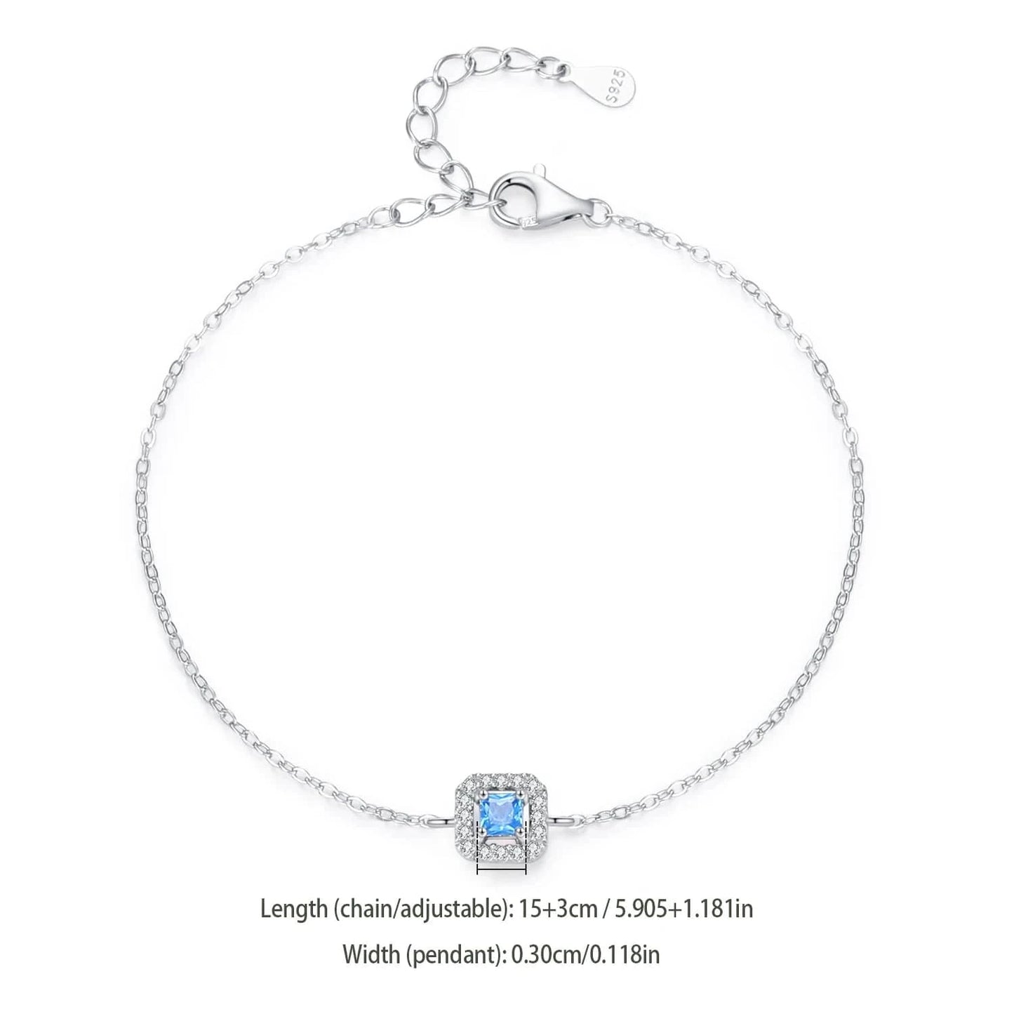 Wee Luxury Silver Bracelets Sea Blue Zircon Square Bracelet in Sterling Silver