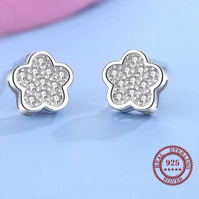 Wee Luxury Silver Earrings Flower Zircon Earrings in Sterling Silver Pin