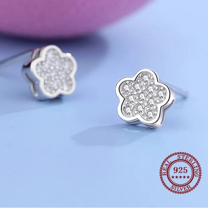 Wee Luxury Silver Earrings Flower Zircon Earrings in Sterling Silver Pin