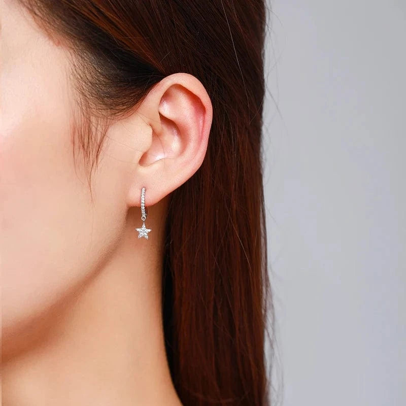 Wee Luxury Silver Earrings Star Dangle Sterling Earrings with CZ