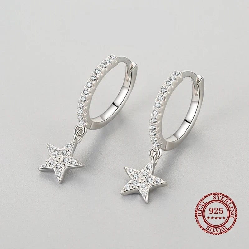 Wee Luxury Silver Earrings Star Dangle Sterling Earrings with CZ