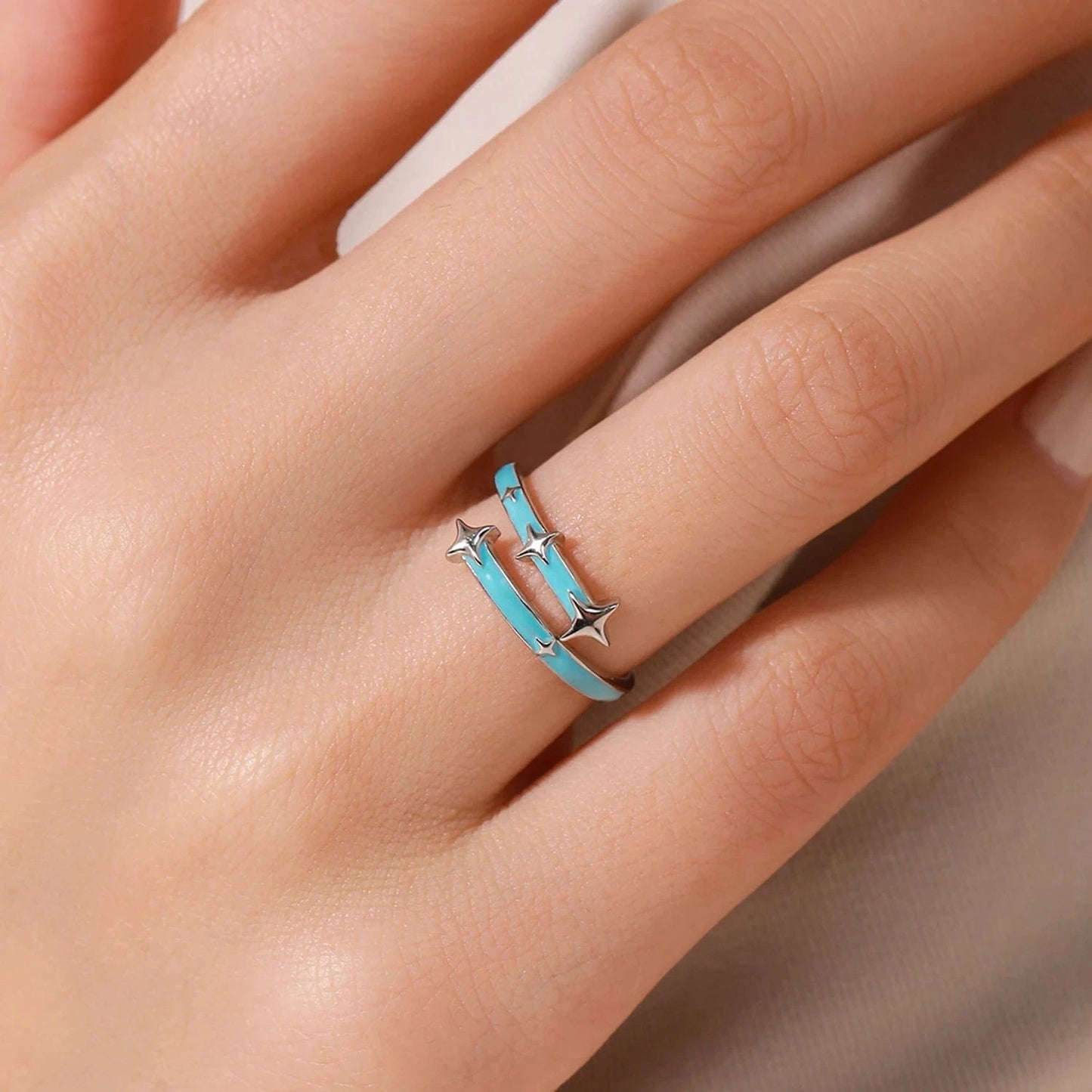 Wee Luxury Silver Rings Blue Enamel Star Ring for Valentine's Day