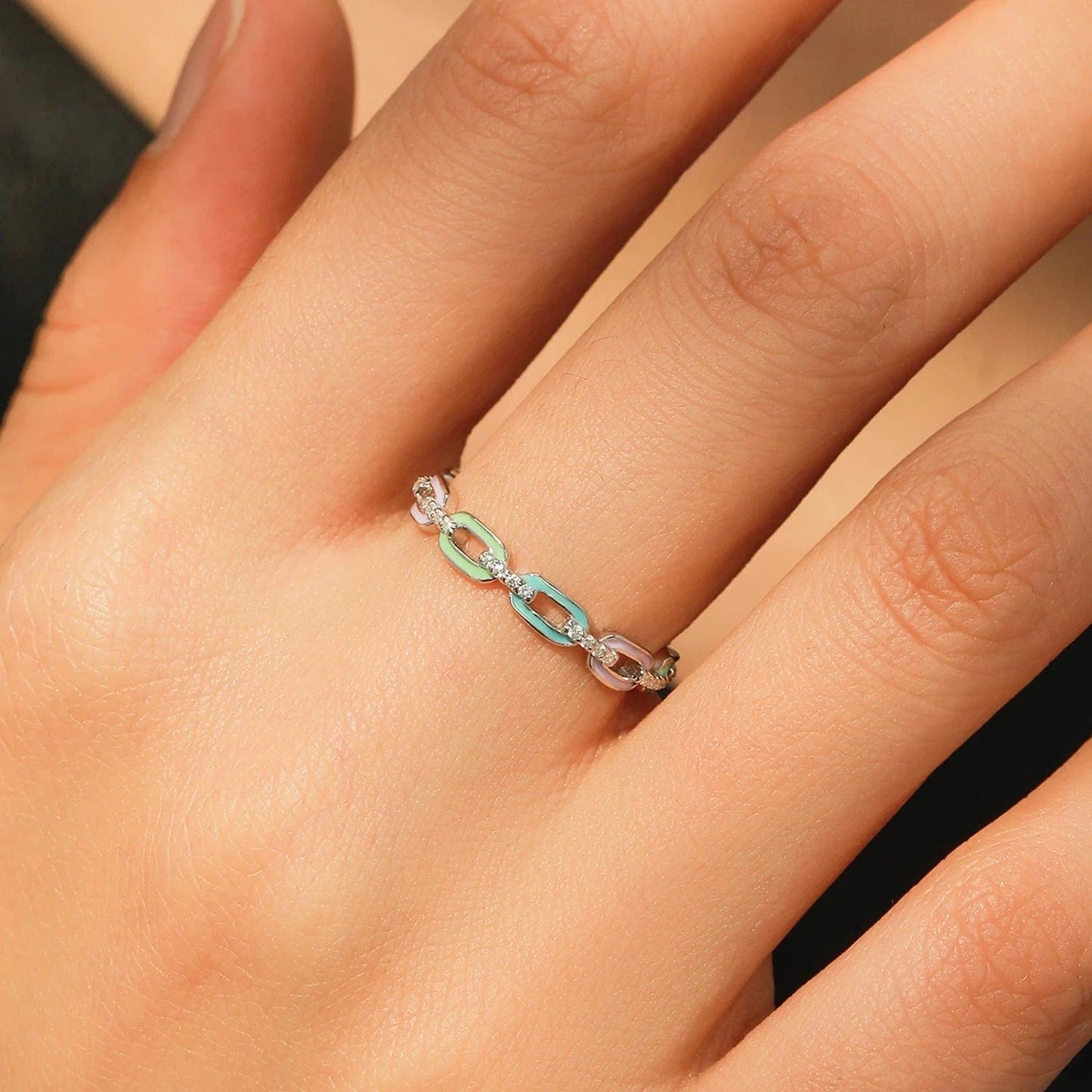 Wee Luxury Silver Rings Enamel Chain CZ Sterling Finger Ring