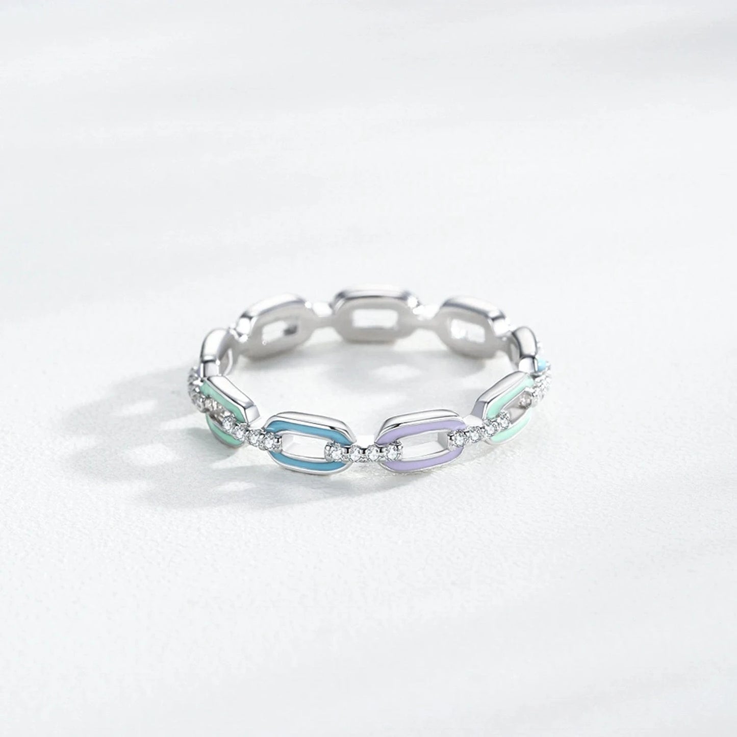 Wee Luxury Silver Rings Enamel Chain CZ Sterling Finger Ring