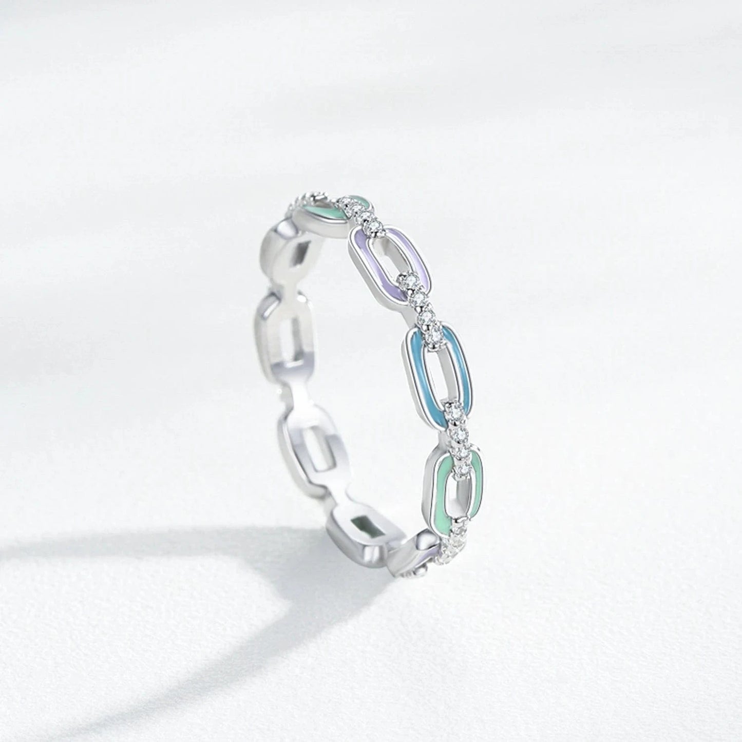 Wee Luxury Silver Rings Enamel Chain CZ Sterling Finger Ring