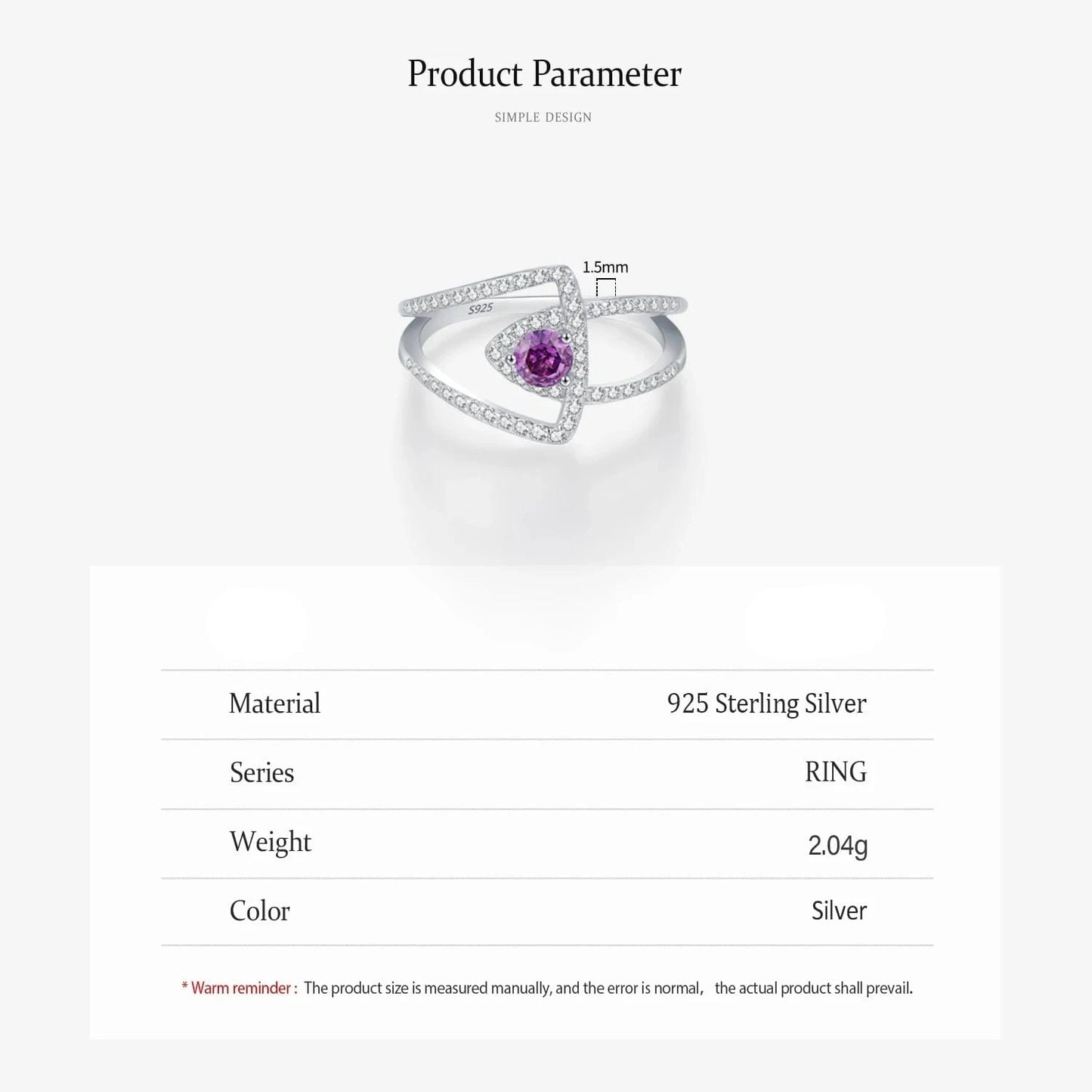 Wee Luxury Silver Rings Purple Zircon Hollow Double-Layer Sterling Ring