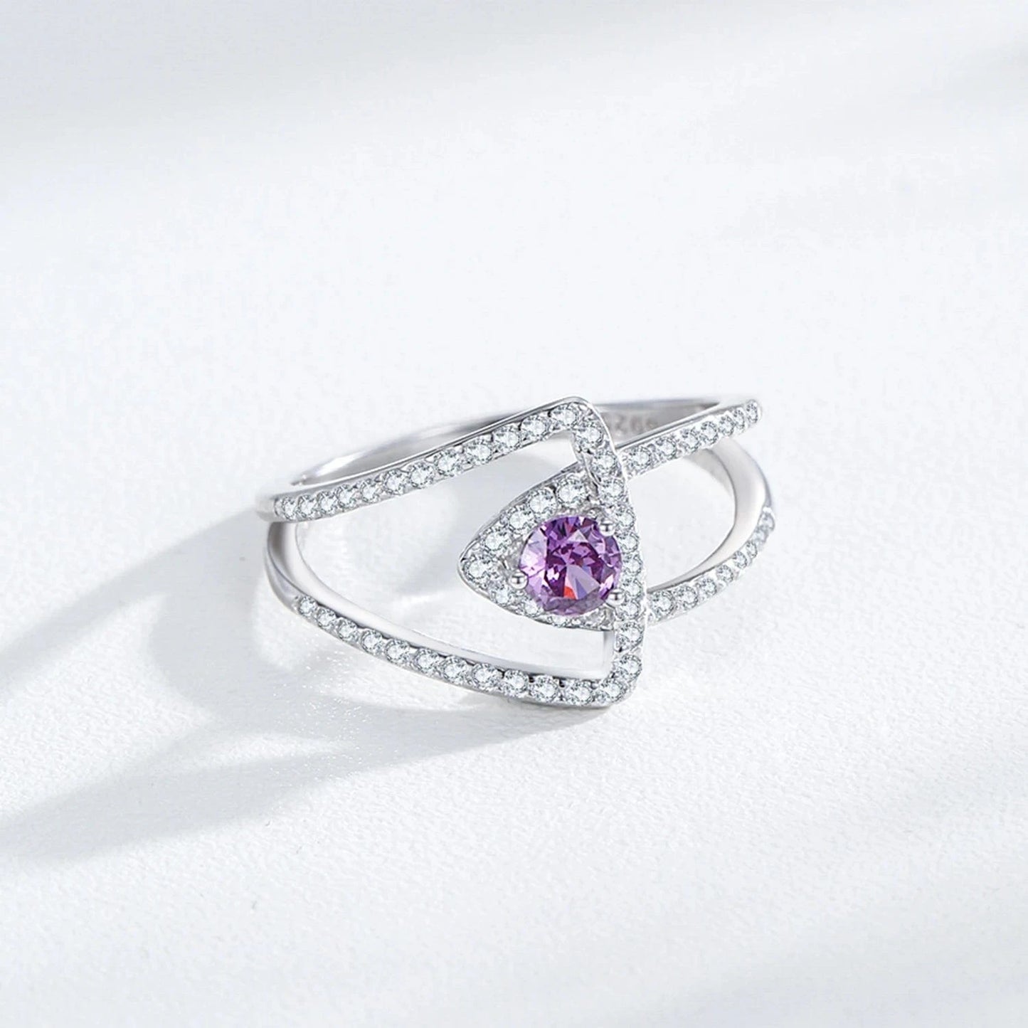 Wee Luxury Silver Rings Purple Zircon Hollow Double-Layer Sterling Ring