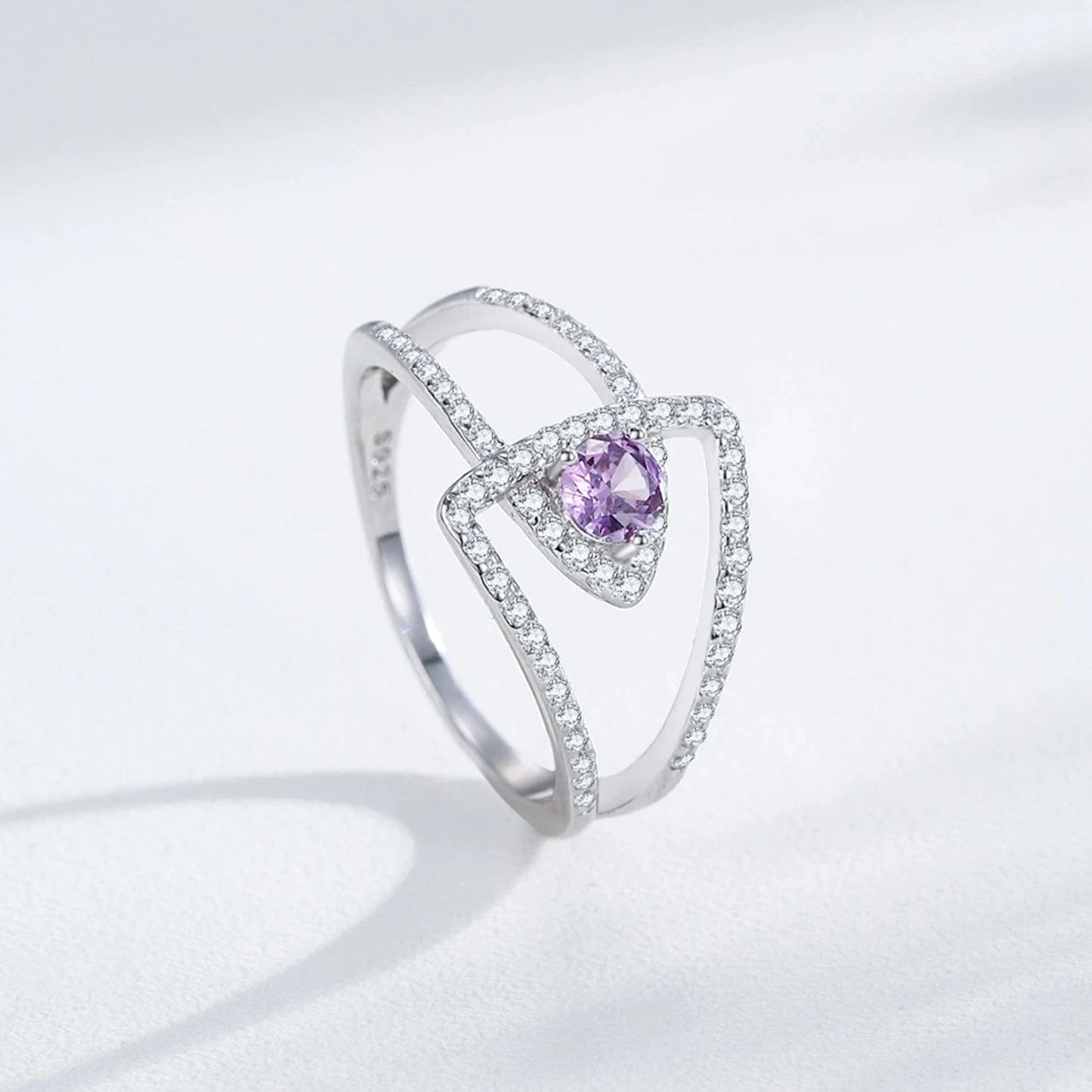 Wee Luxury Silver Rings Purple Zircon Hollow Double-Layer Sterling Ring