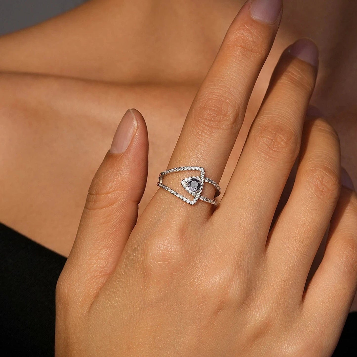 Wee Luxury Silver Rings Purple Zircon Hollow Double-Layer Sterling Ring