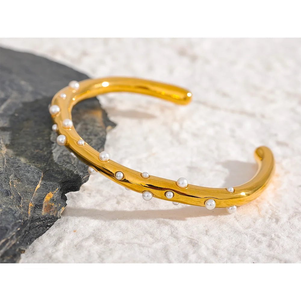 Wee Luxury Women Bracelets Gold Plated Elegant Imitation Pearls Stainless Steel Gold Color Open Cuff Bracelet