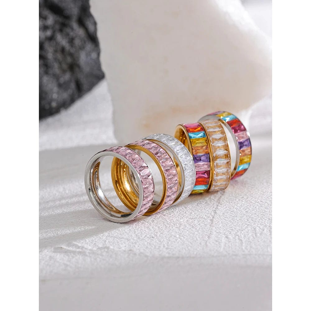 Dsers Colorful Cubic Zirconia Stainless Steel Multi-Ring Jewelry