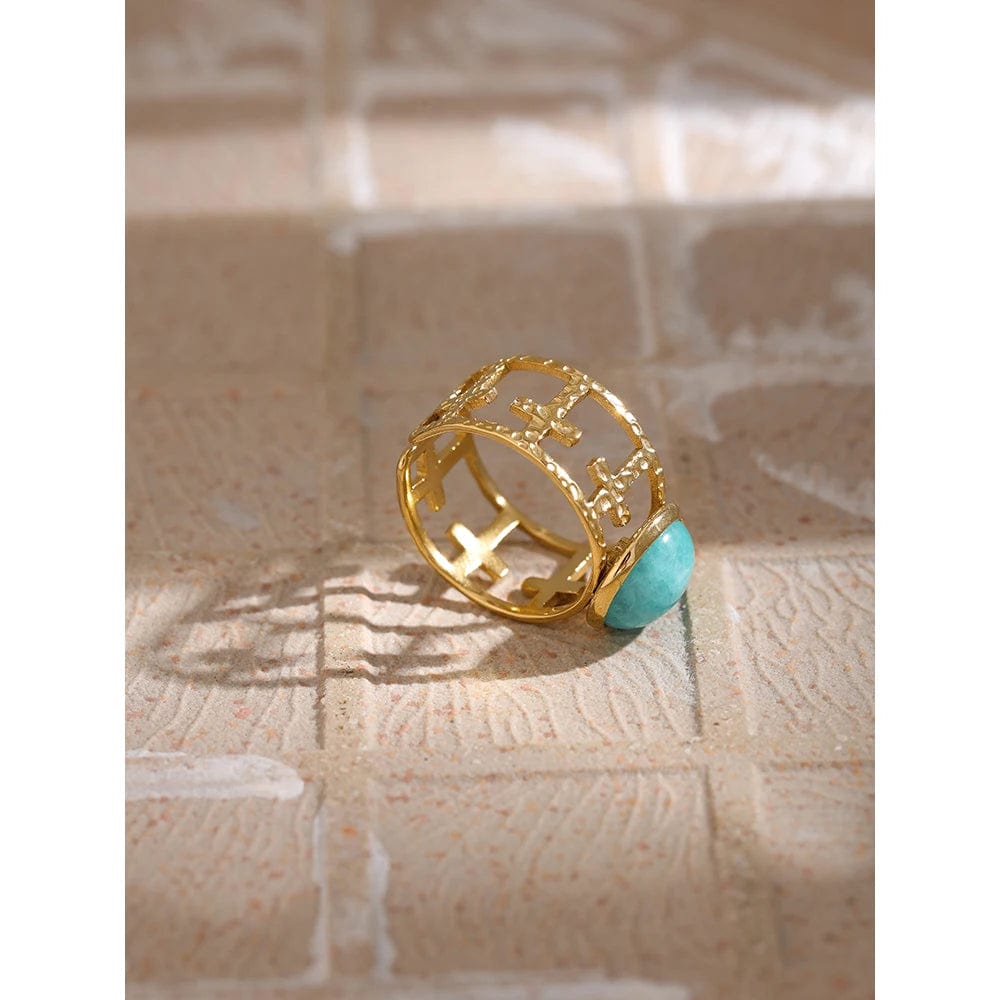 Dsers Gold Plated / Opening Golden Geometric Cocktail Ring with Blue Stone for Women