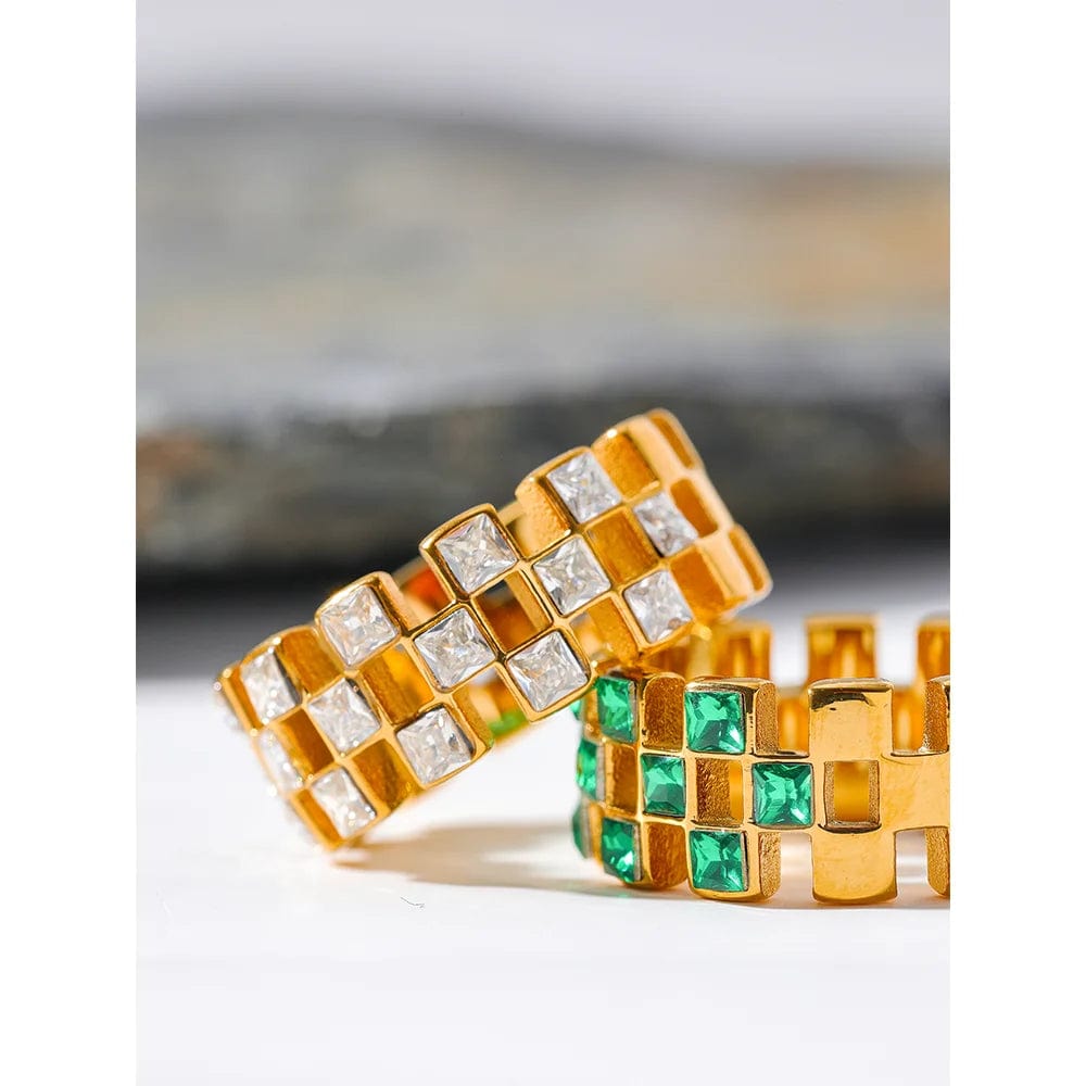 Dsers Stunning Green & White CZ Stainless Steel Geometric Ring