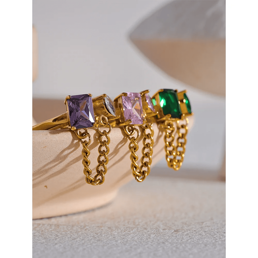 Dsers Vibrant Geometric Bling Ring with Dangle Chain for Women