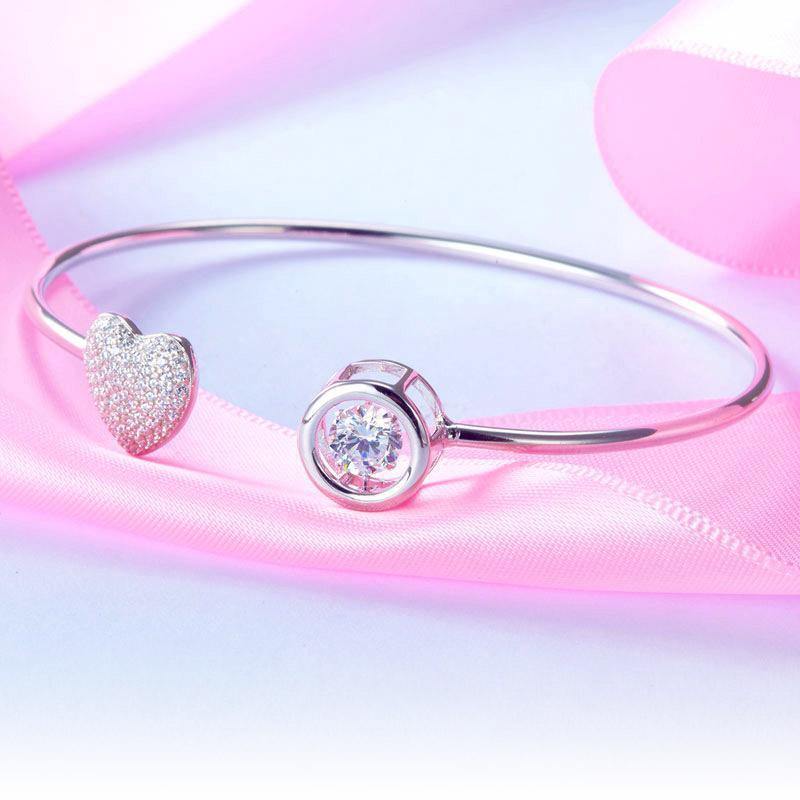 My Jewels Silver Bracelets Clear White Sterling Silver Dancing Stone Heart Bangle