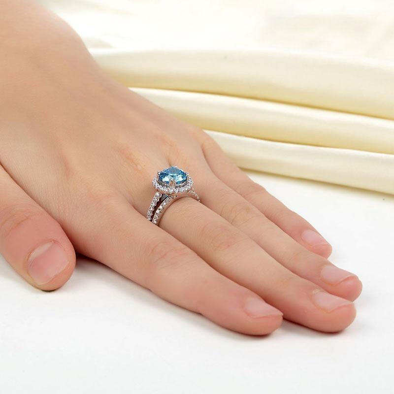 My Jewels Silver Rings 2 Carat Blue Created Diamond Halo Ring Set