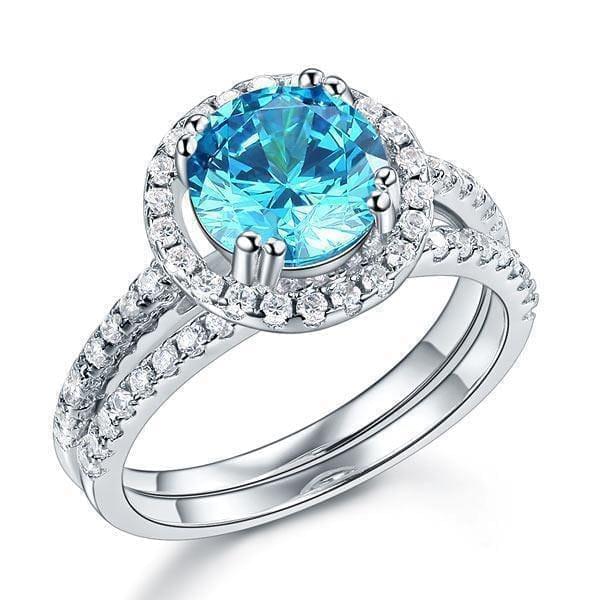 My Jewels Silver Rings 2 Carat Blue Created Diamond Halo Ring Set
