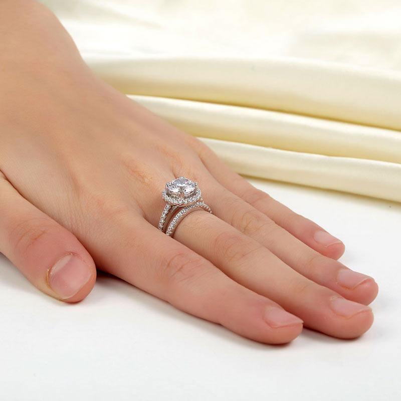 My Jewels Silver Rings 2 Carat Created Diamond Halo Ring Set