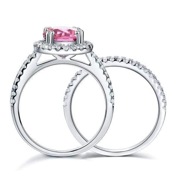 My Jewels Silver Rings 2 Carat Pink Created Diamond Halo Ring Set