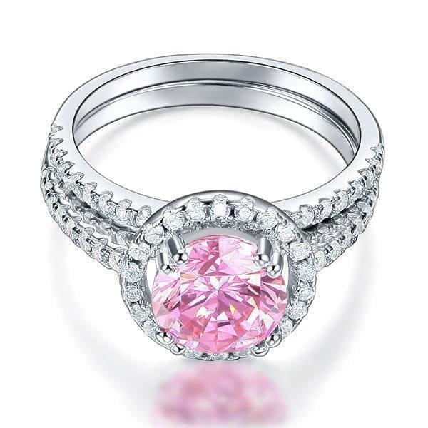 My Jewels Silver Rings 2 Carat Pink Created Diamond Halo Ring Set
