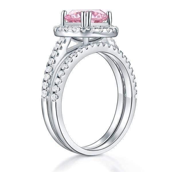 My Jewels Silver Rings 2 Carat Pink Created Diamond Halo Ring Set