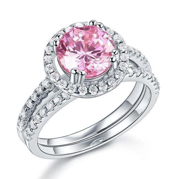 My Jewels Silver Rings 2 Carat Pink Created Diamond Halo Ring Set