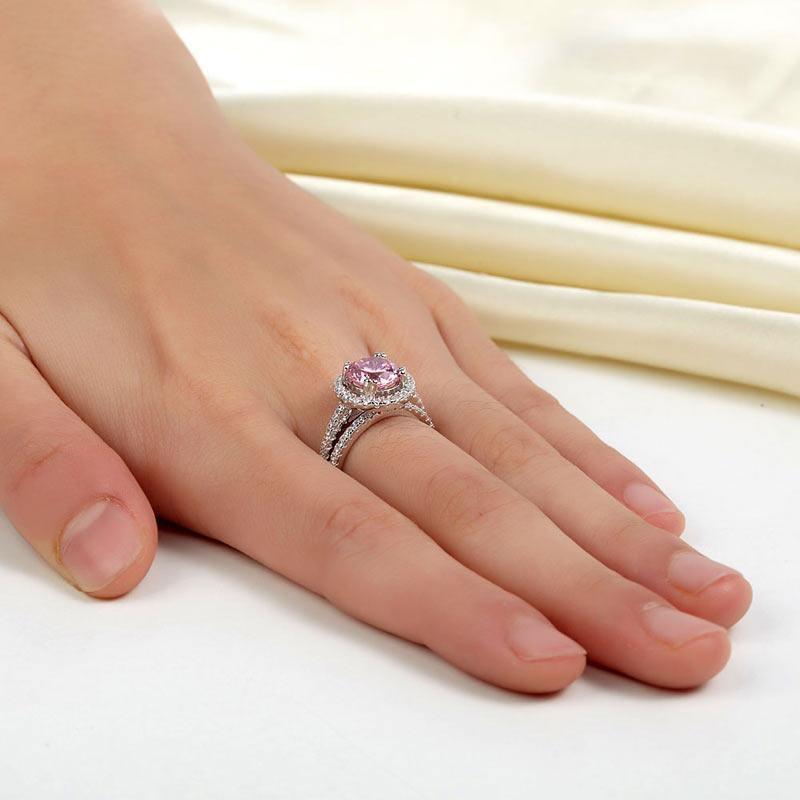 My Jewels Silver Rings 2 Carat Pink Created Diamond Halo Ring Set