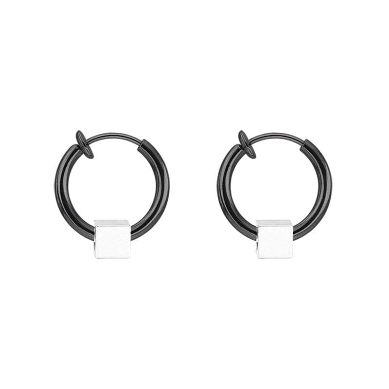 Fashion Small Cube Square Huggie Earrings 2.0mm Black Silver Inside 12mm