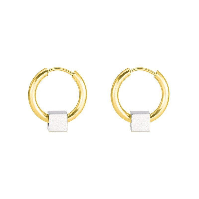Fashion Small Cube Square Huggie Earrings 2.5mm Gold-Silver