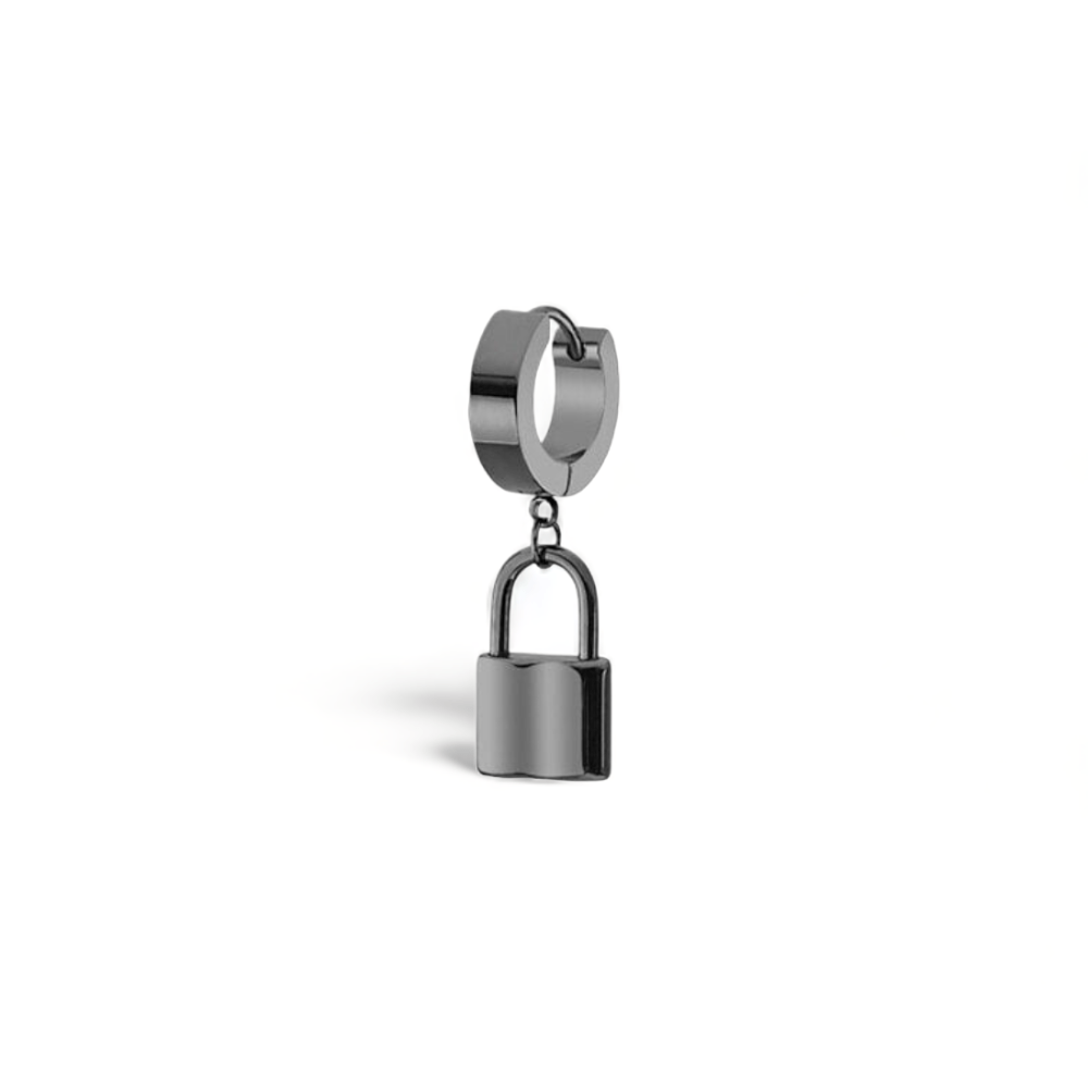 Stainless Steel Lock Pendant Drop Huggie Earrings Black