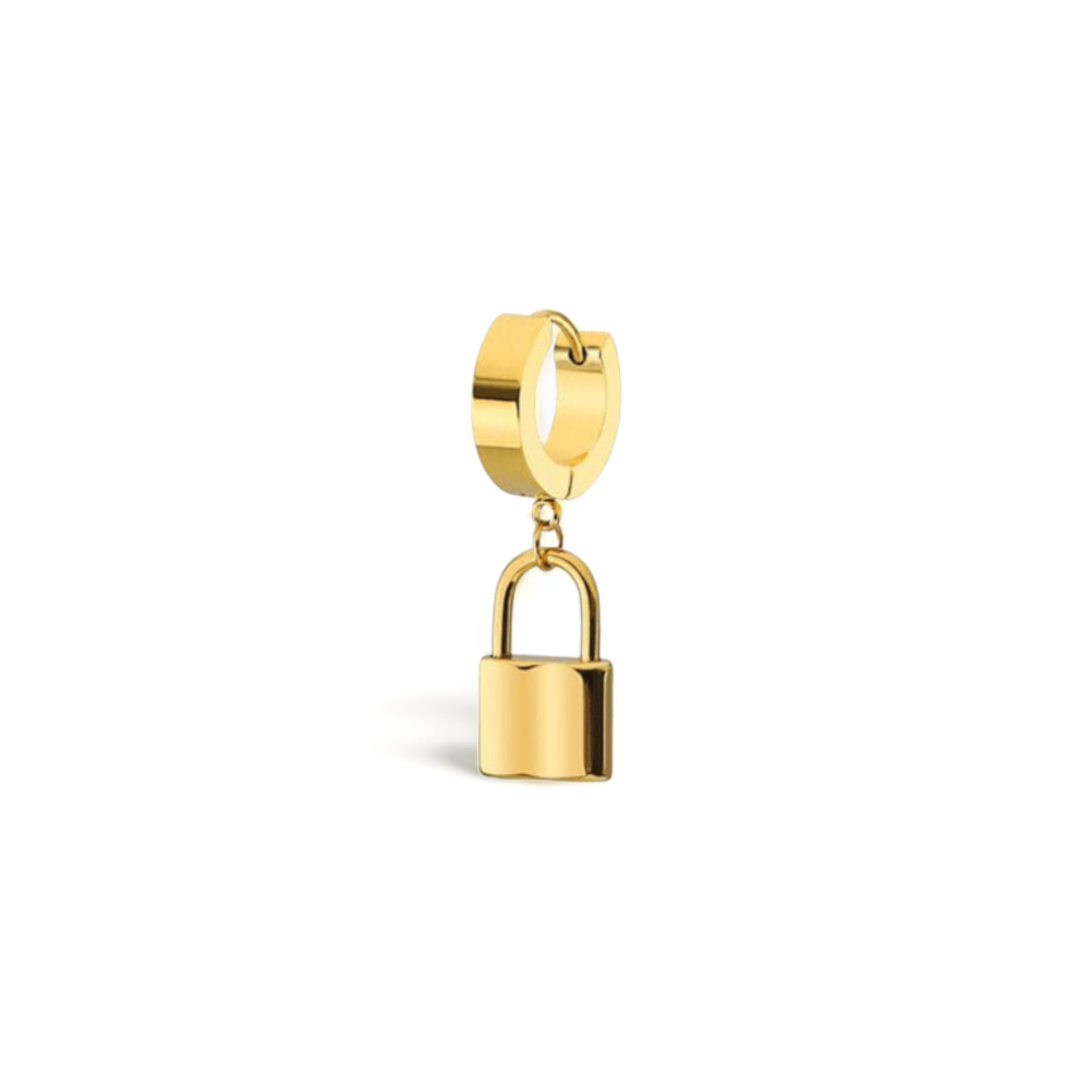 Stainless Steel Lock Pendant Drop Huggie Earrings Gold