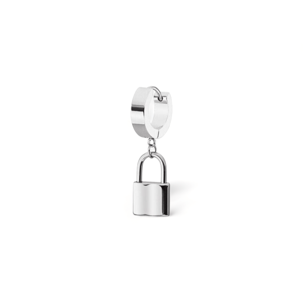 Stainless Steel Lock Pendant Drop Huggie Earrings Silver