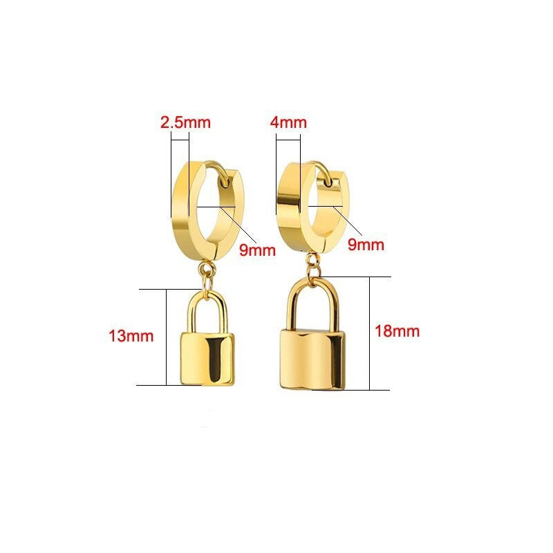 Stainless Steel Lock Pendant Drop Huggie Earrings