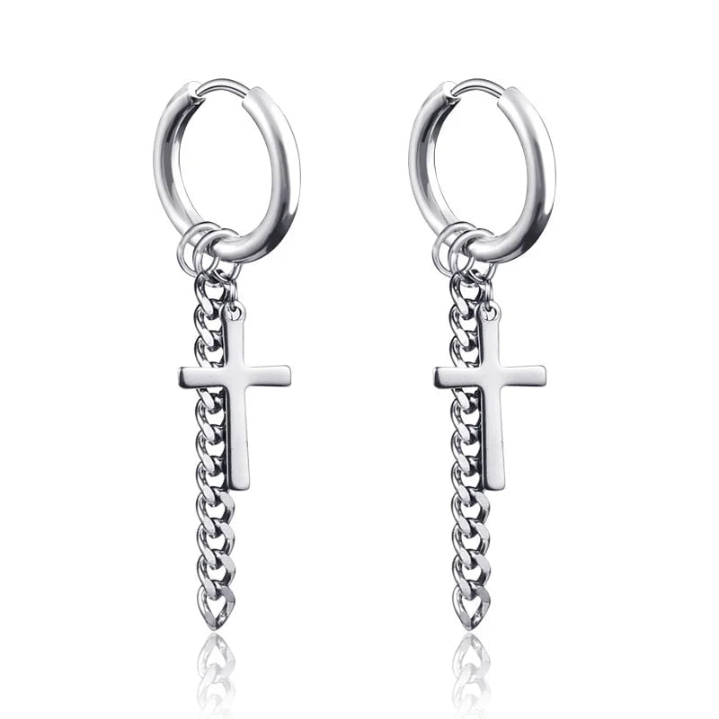 Wee Luxury 1pair Style A Men Punk Stainless Steel Cross Long Tassel Chain Earring