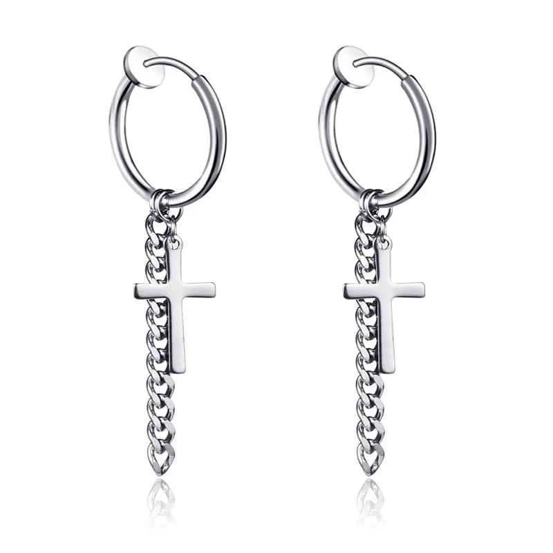 Wee Luxury 1pair Style B Men Punk Stainless Steel Cross Long Tassel Chain Earring