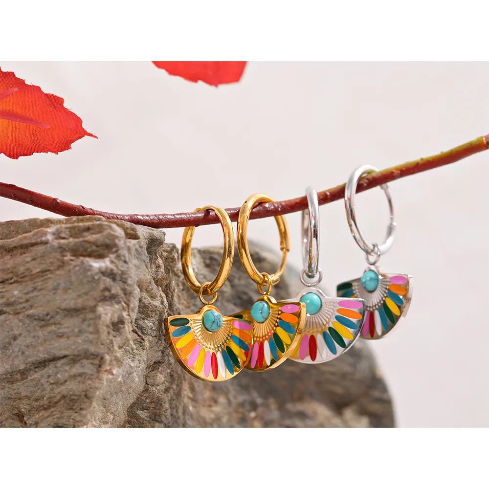 Wee Luxury Enamel Geometric Bohemian Rainbow Drop Hoop Earrings