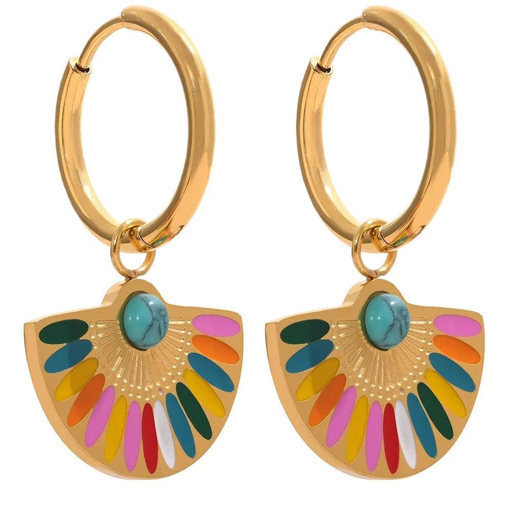 Wee Luxury Enamel Geometric Bohemian Rainbow Drop Hoop Earrings