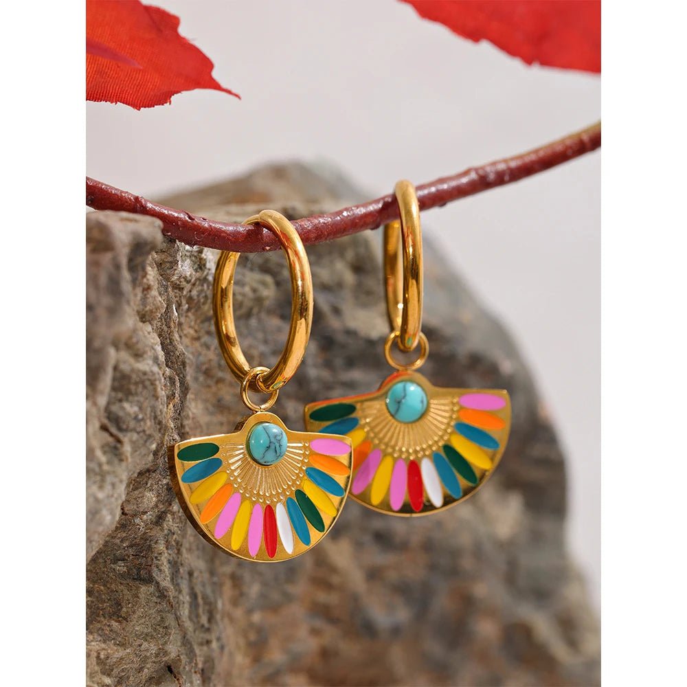 Wee Luxury Enamel Geometric Bohemian Rainbow Drop Hoop Earrings