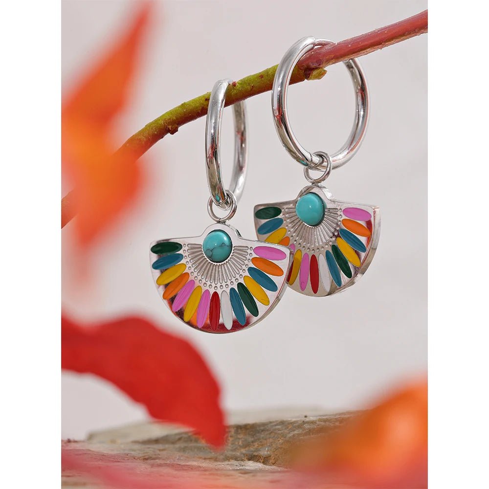 Wee Luxury Enamel Geometric Bohemian Rainbow Drop Hoop Earrings