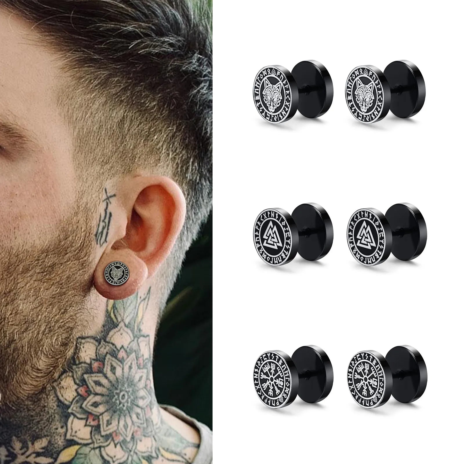 Wee Luxury Gothic Norse Viking Runes Stud Earrings For Men