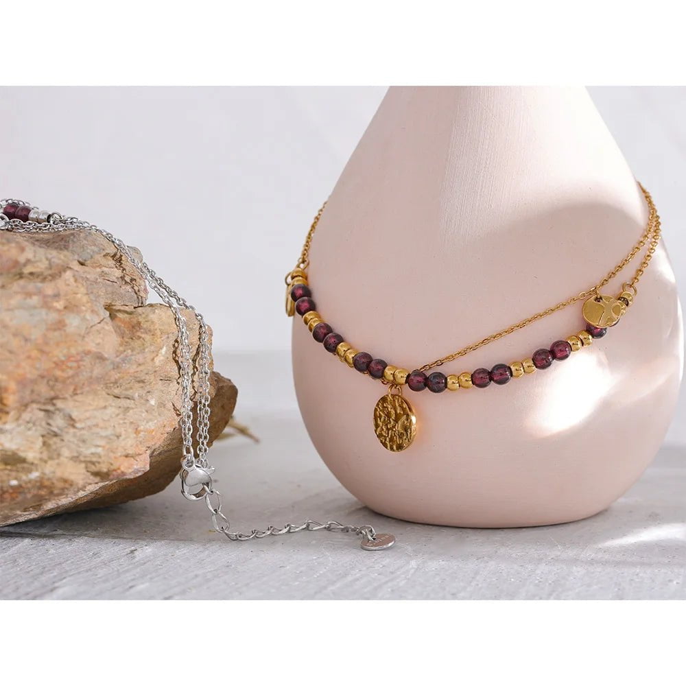 Wee Luxury Layered Chic Stylish Natural Garnet Stone Chain Bracelet Women