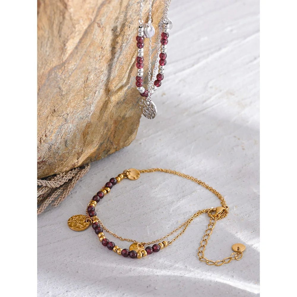 Wee Luxury Layered Chic Stylish Natural Garnet Stone Chain Bracelet Women