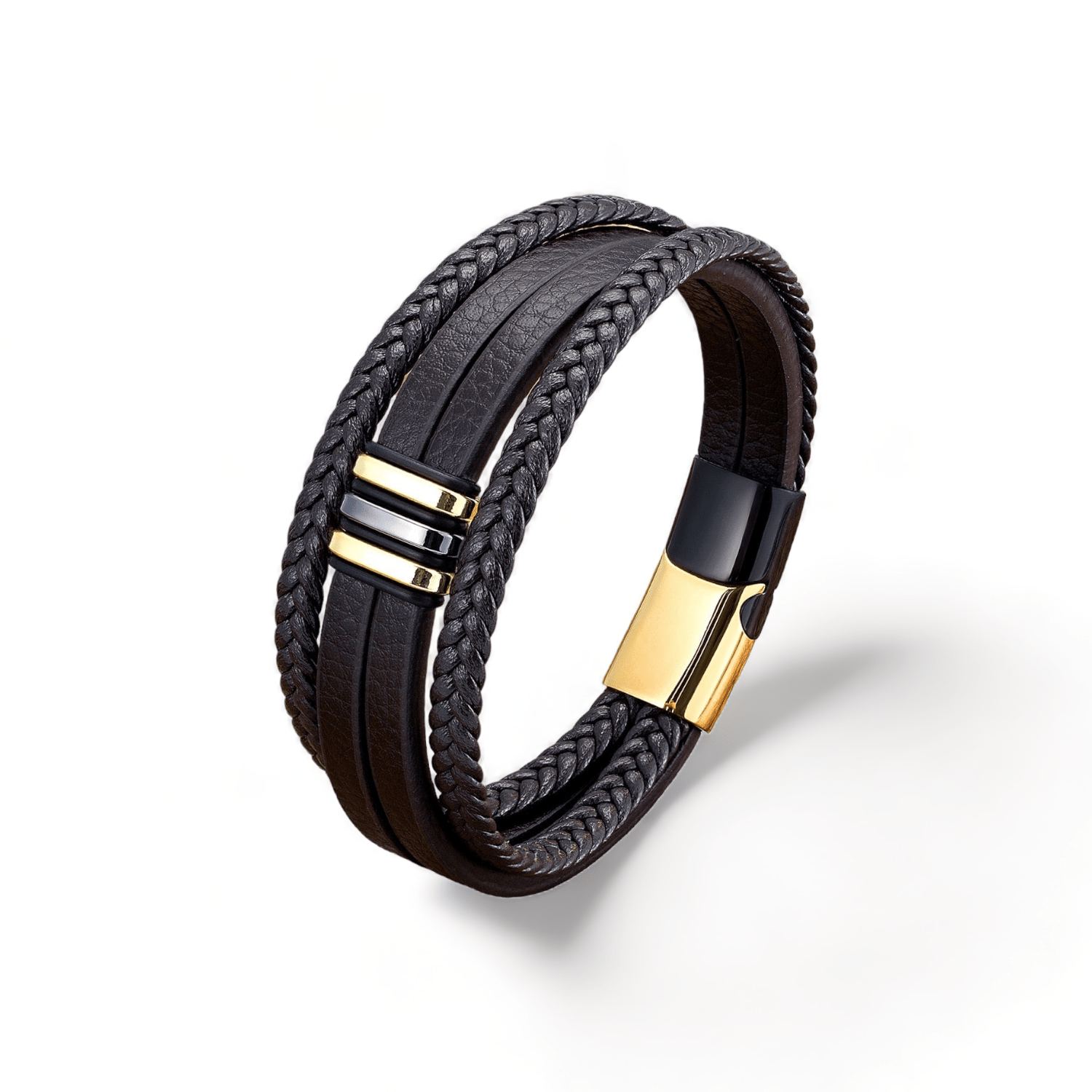 Stylish Multilayer Men Leather Bracelets Black Gold Metal