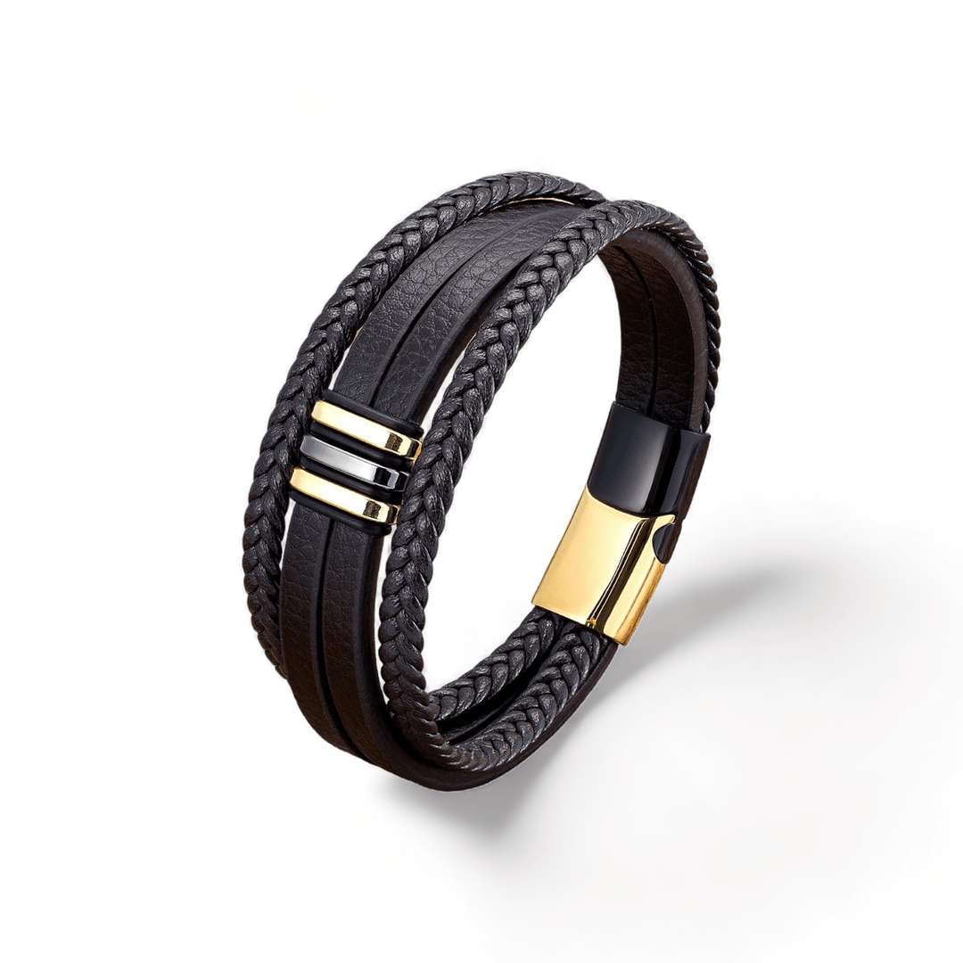 Stylish Multilayer Men Leather Bracelets Black Gold Metal