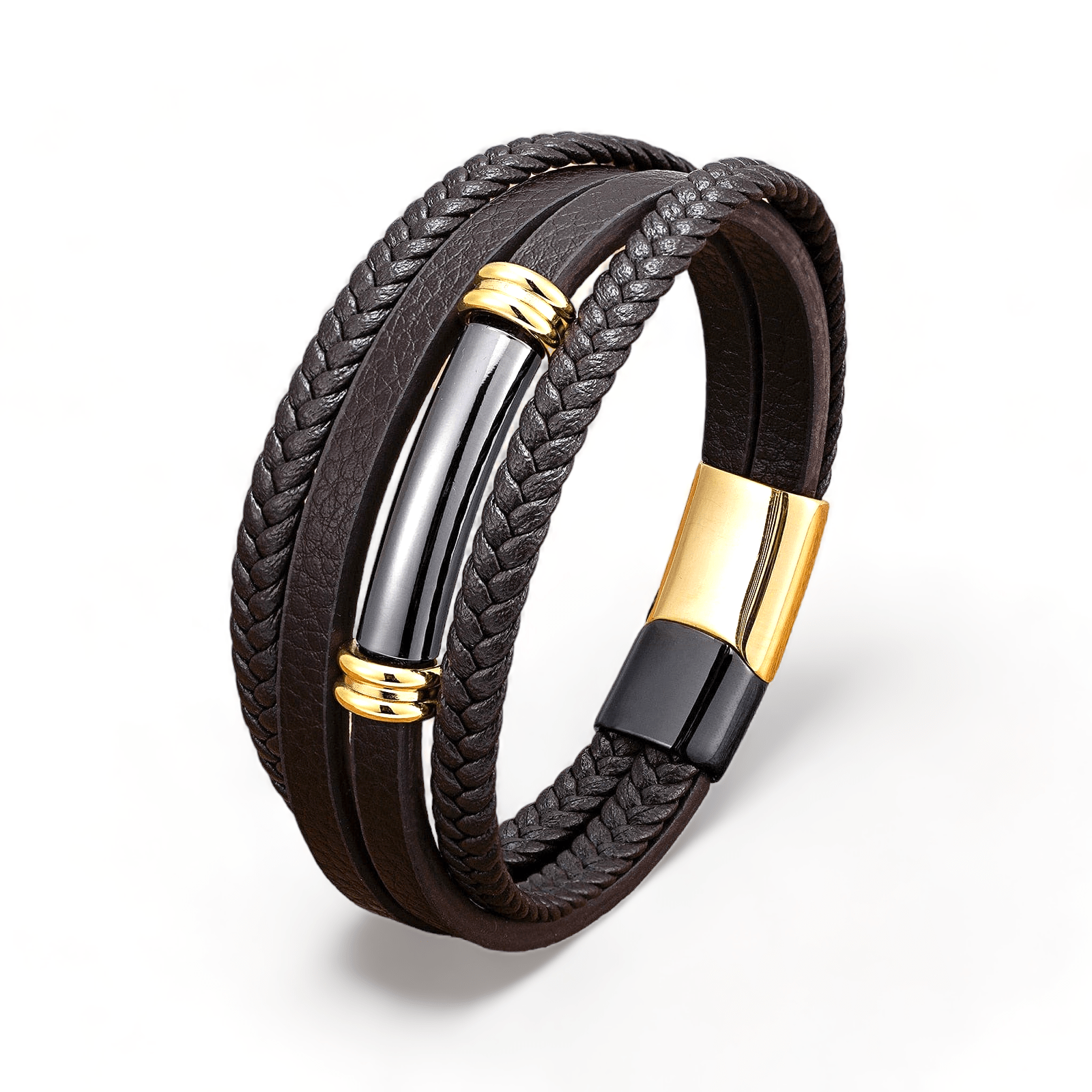 Charm Leather Rope Mens Stainless Steel Bracelets Gold-Black Metal