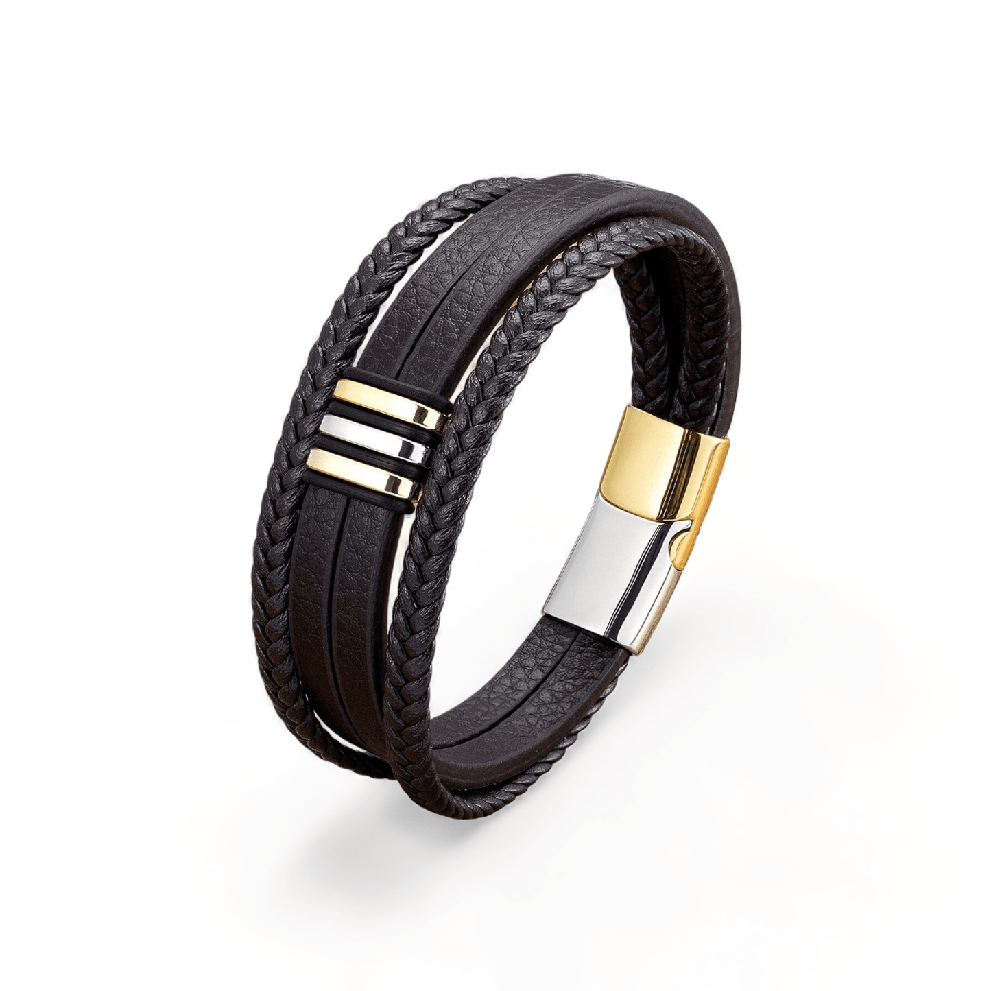 Stylish Multilayer Men Leather Bracelets Gold White Metal