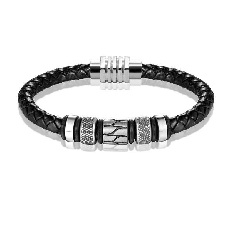 Luxury Men Leather Stainless Steel Bracelet Black and Steel