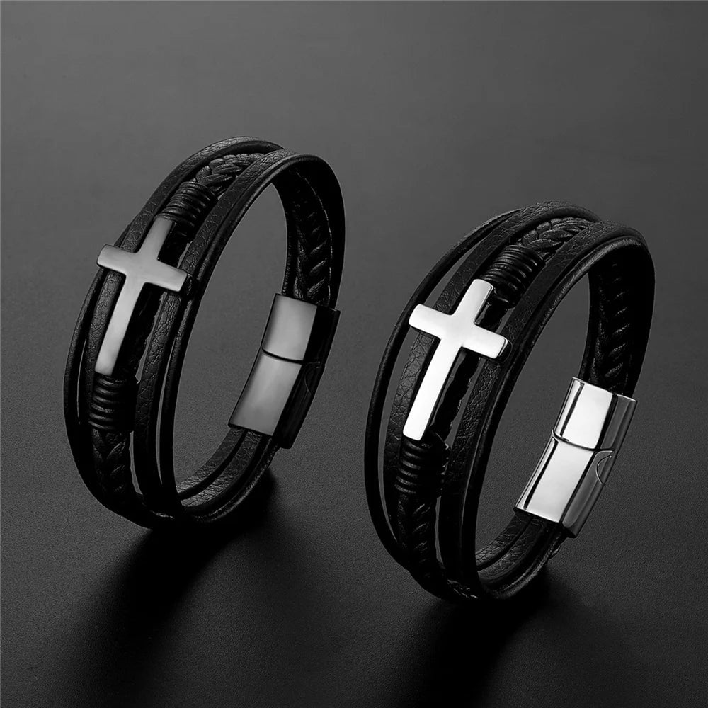 Wee Luxury Men Bracelets Multicolor Cross Design Classic Men's Leather Bracelet